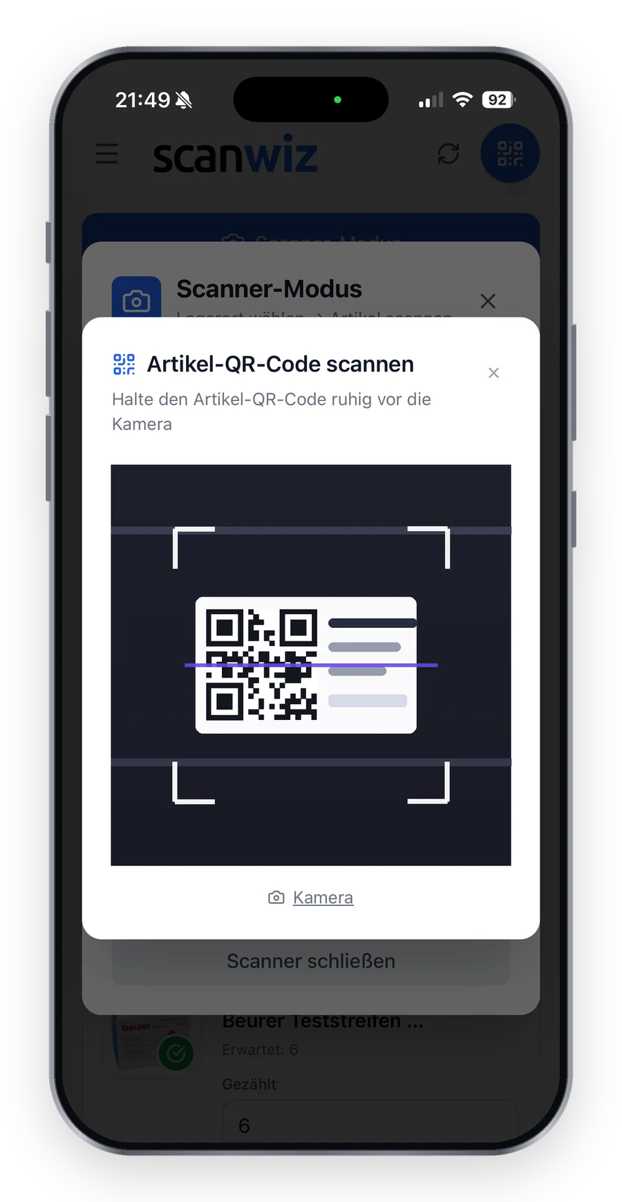 Scanner-Modus der Scanwiz App: Artikel-QR-Code im Sucherrahmen der Kamera während der Inventur