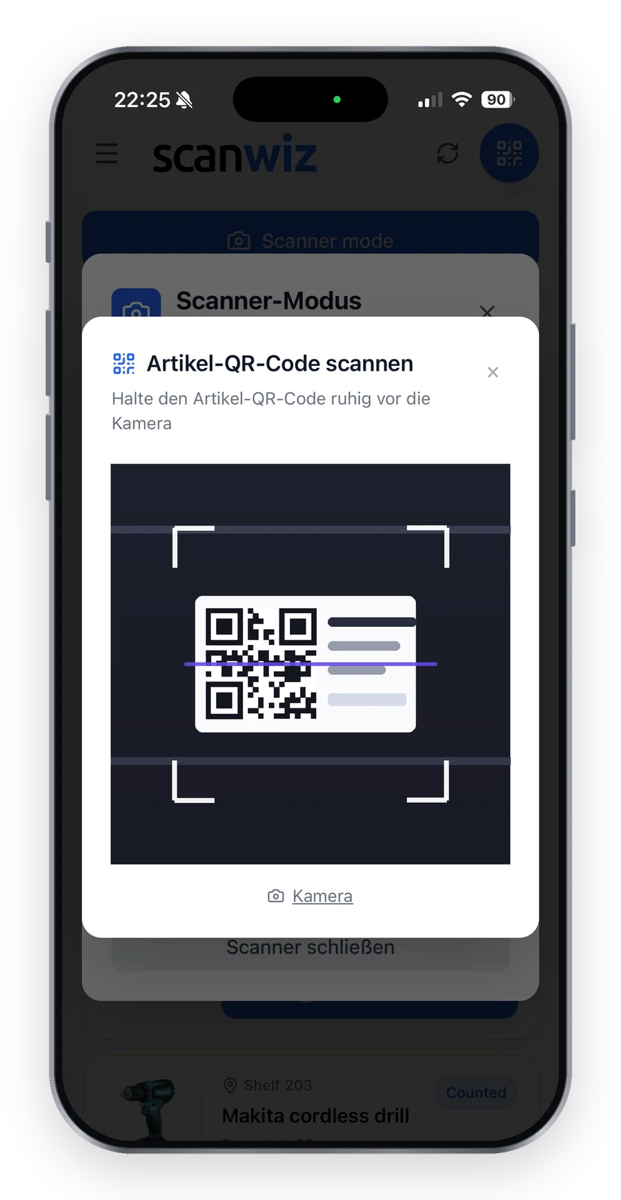 Scanner mode in the Scanwiz app: an article QR code inside the camera viewfinder during a stocktaking