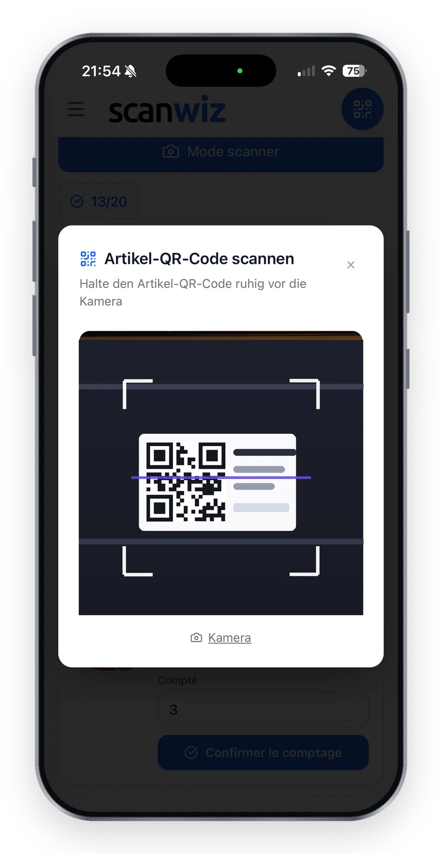 Mode scanner dans l’application Scanwiz : un code QR d’article dans le viseur de la caméra pendant un inventaire