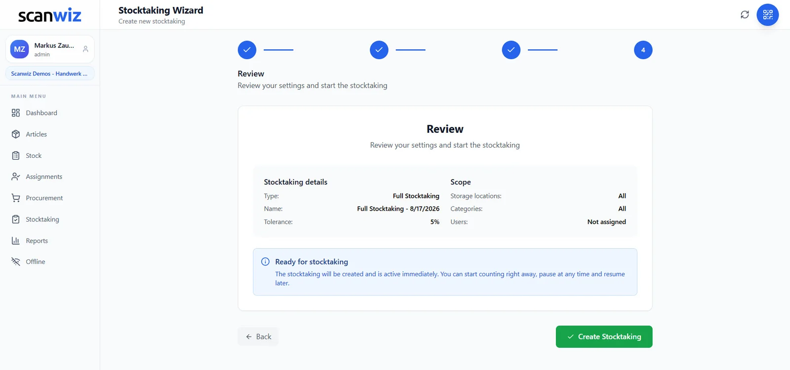 Stocktaking wizard step 4 in Scanwiz: review of type, name, tolerance, scope and assigned users before the stocktaking is created
