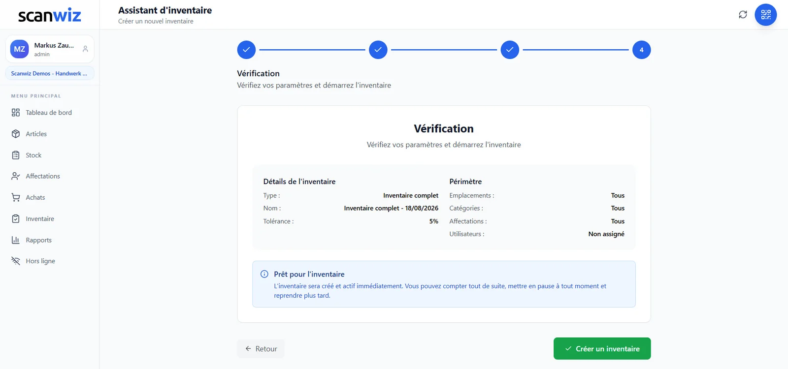 Assistant d’inventaire étape 4 dans Scanwiz : vérification du type, du nom, de la tolérance, du périmètre et des utilisateurs assignés avant la création
