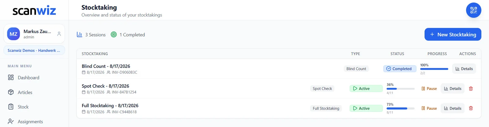 Stocktaking overview in Scanwiz: several parallel stocktakings with type, status, progress in percent and the option to pause