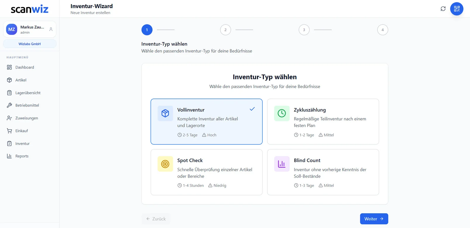 Inventur-Wizard in Scanwiz: Auswahl zwischen Vollinventur, Zykluszählung, Spot Check und Blind Count mit Angabe von Dauer und Aufwand