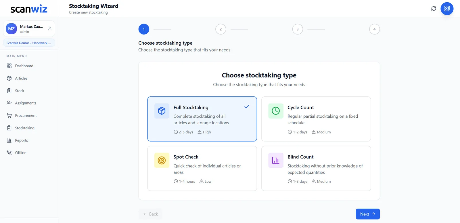 Stocktaking wizard in Scanwiz: choosing between Full Stocktaking, Cycle Count, Spot Check and Blind Count, each with duration and effort