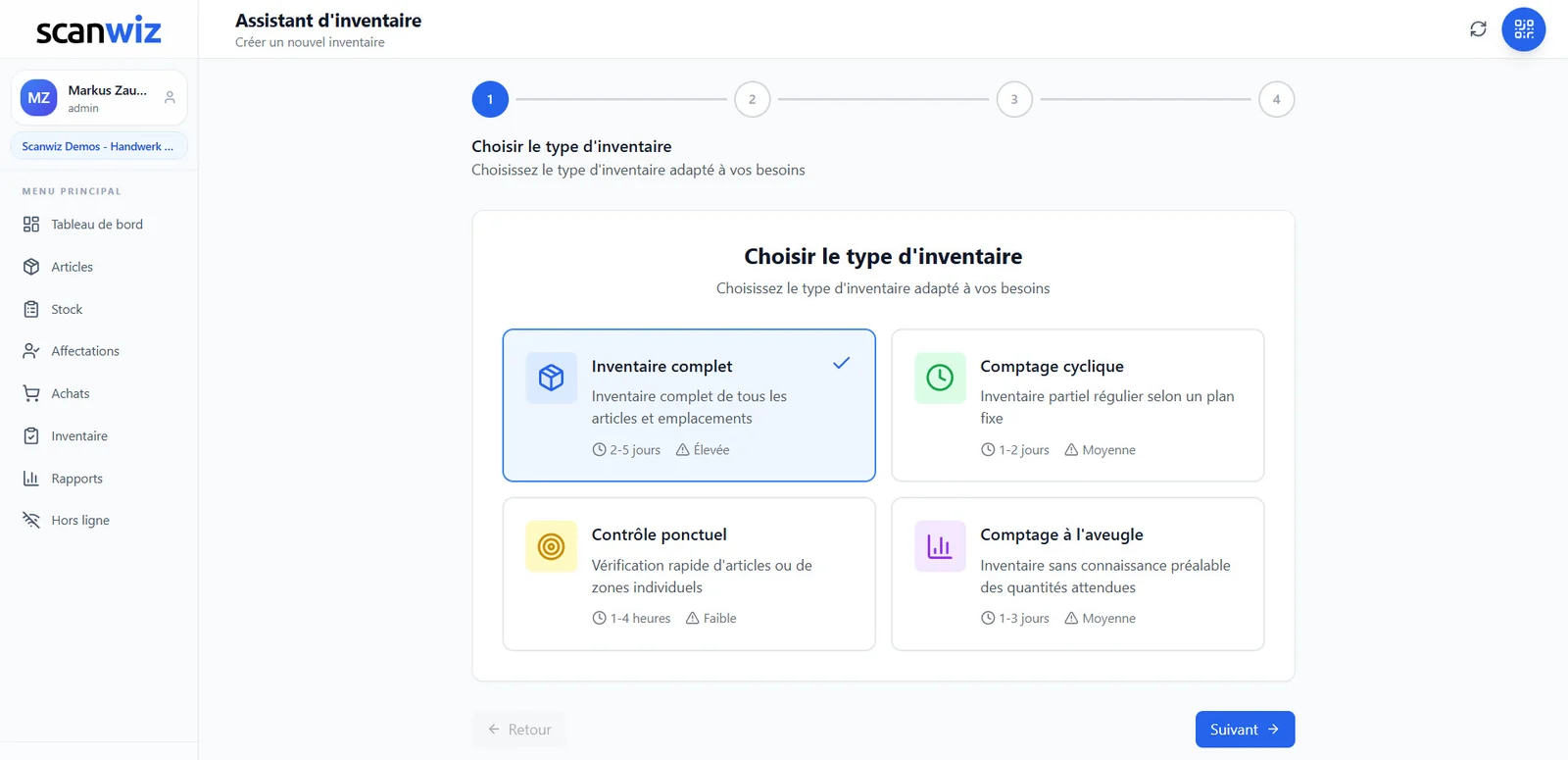 Assistant d’inventaire dans Scanwiz : choix entre inventaire complet, comptage cyclique, contrôle ponctuel et comptage à l’aveugle, avec durée et charge