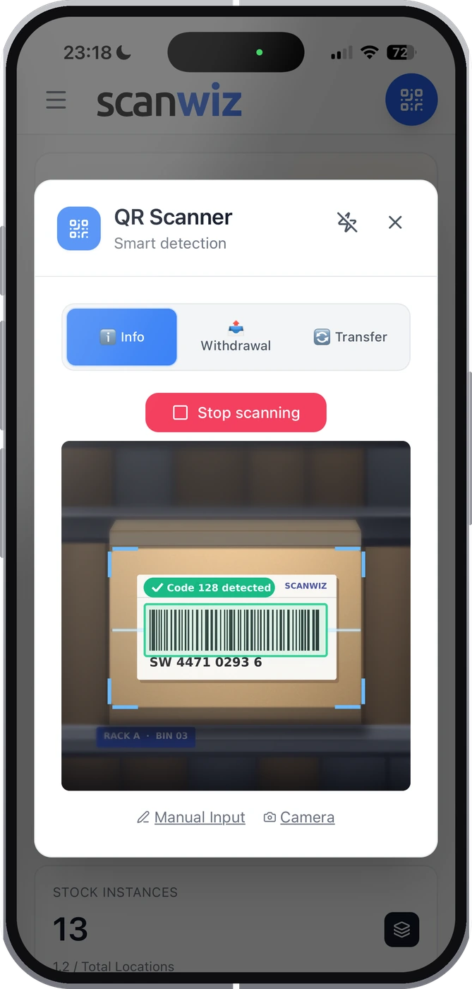 Scanwiz app on iPhone: scanning a barcode on a rack and withdrawing an item
