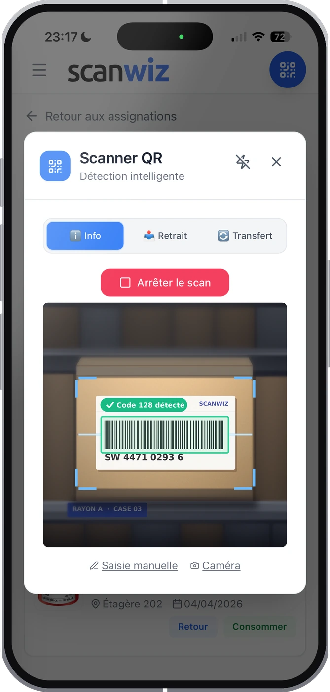 Application Scanwiz sur iPhone : scan d’un code-barres sur un rayonnage