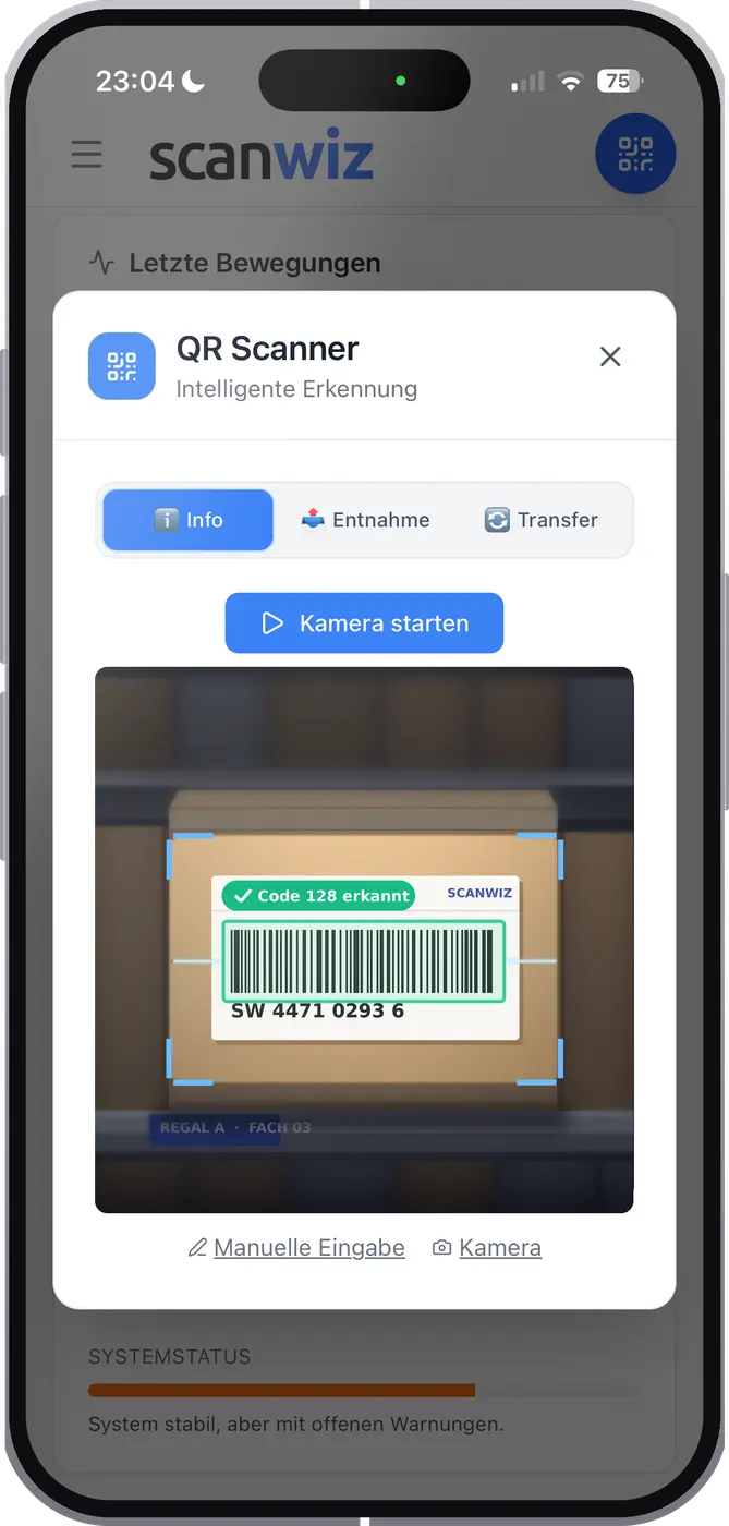 Scanwiz App auf dem iPhone: Barcode am Regal scannen und Artikel entnehmen