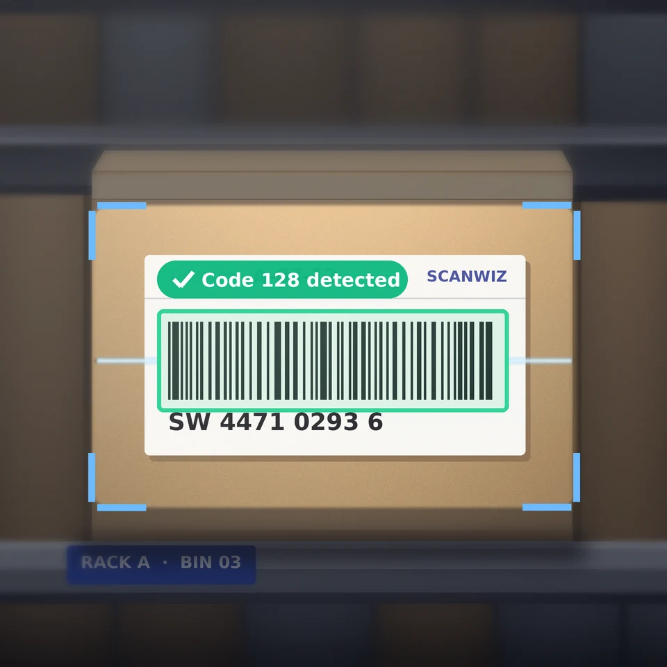 Close-up: scanning a Code 128 label on a warehouse rack