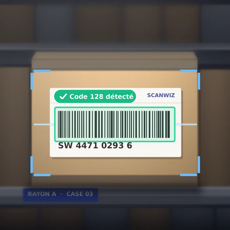 Gros plan : scan d’une étiquette Code 128 sur un rayonnage