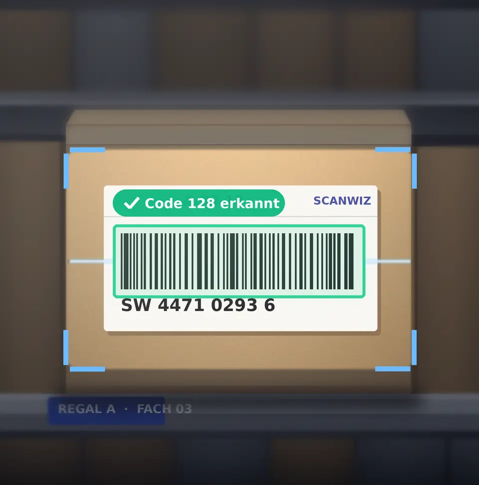 Nahaufnahme: Code-128-Etikett an einem Lagerregal wird gescannt