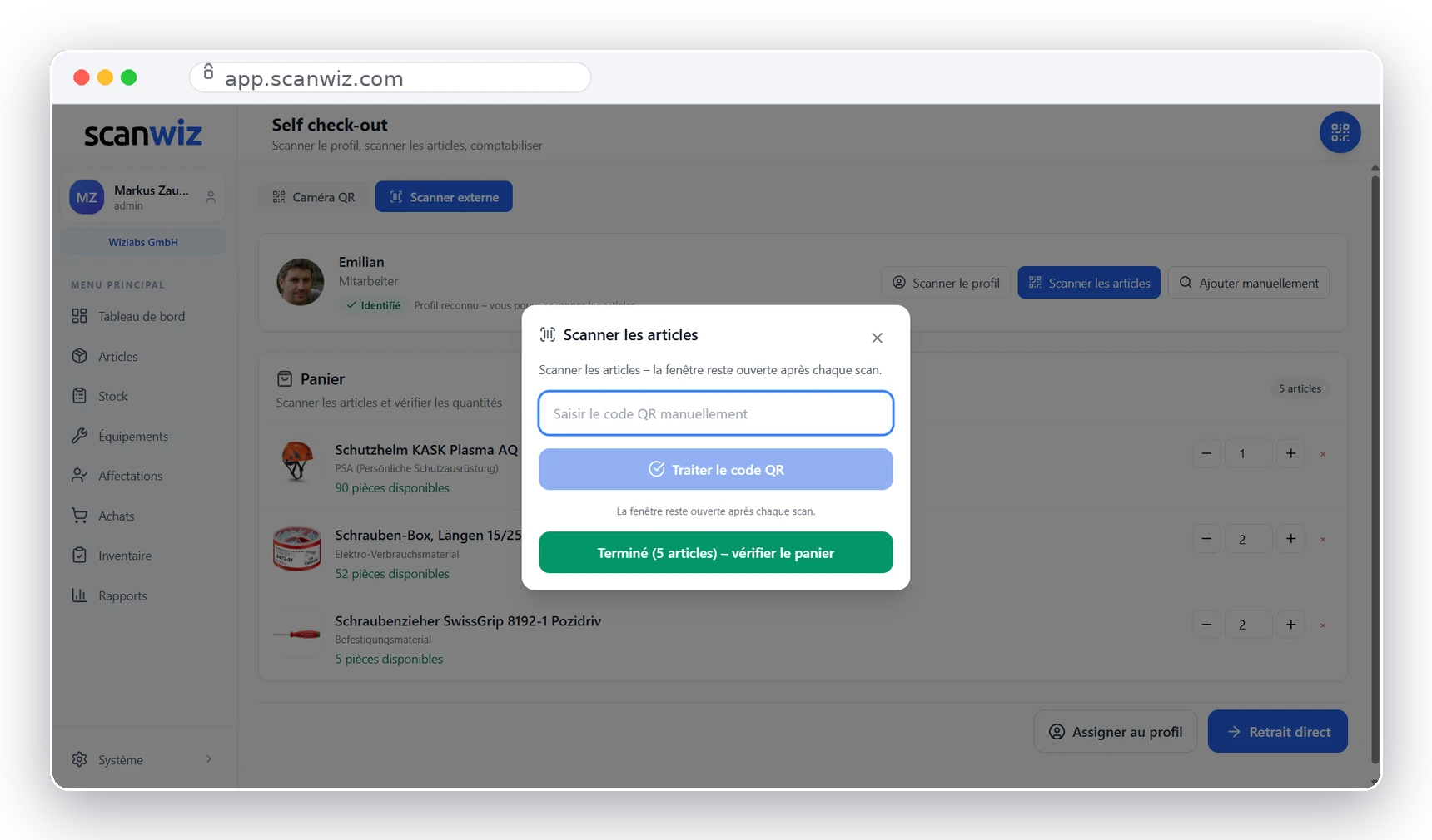 Self check-out dans l’application web Scanwiz : scanner le profil, scanner les articles, comptabiliser