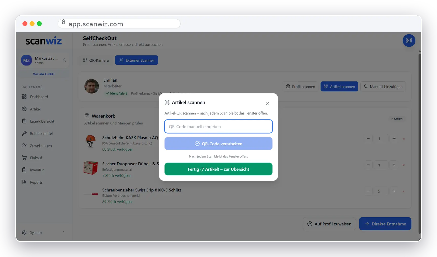 SelfCheckOut in der Scanwiz Web-App: Profil scannen, Artikel erfassen, direkt ausbuchen