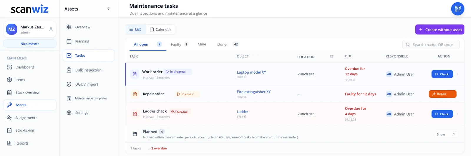 Maintenance tasks in Scanwiz: open and overdue inspections with object, assigned location, due date and owner