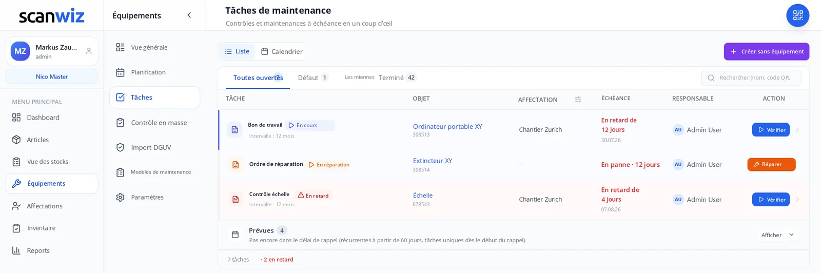 Tâches de maintenance dans Scanwiz : contrôles ouverts et en retard avec objet, lieu d’affectation, échéance et responsable