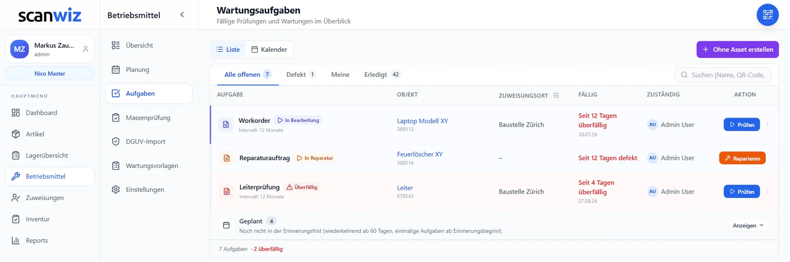 Wartungsaufgaben in Scanwiz: offene und überfällige Prüfungen mit Objekt, Zuweisungsort, Fälligkeit und Zuständigkeit