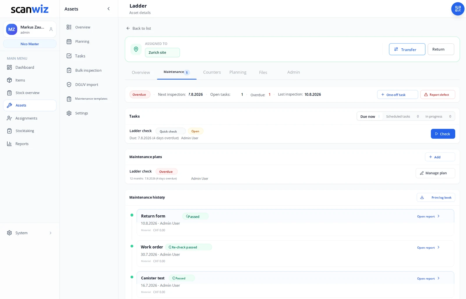 Maintenance history of an asset in Scanwiz: next inspection, open tasks, maintenance plans and the history of all reports