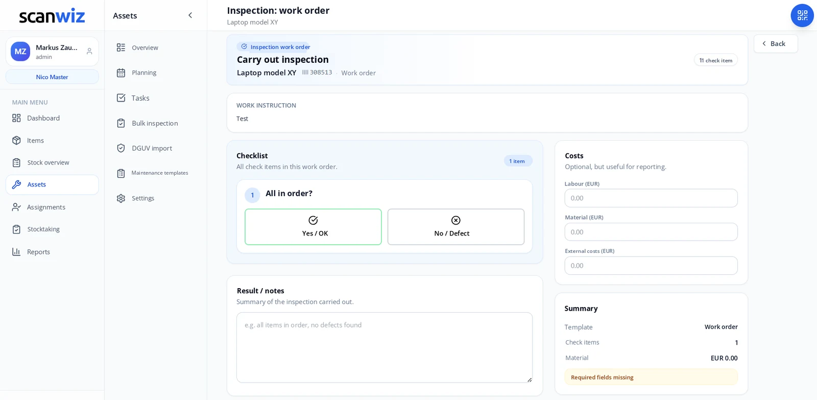 Carrying out an inspection in Scanwiz: checklist with Yes/OK and No/Defect, result, costs and summary