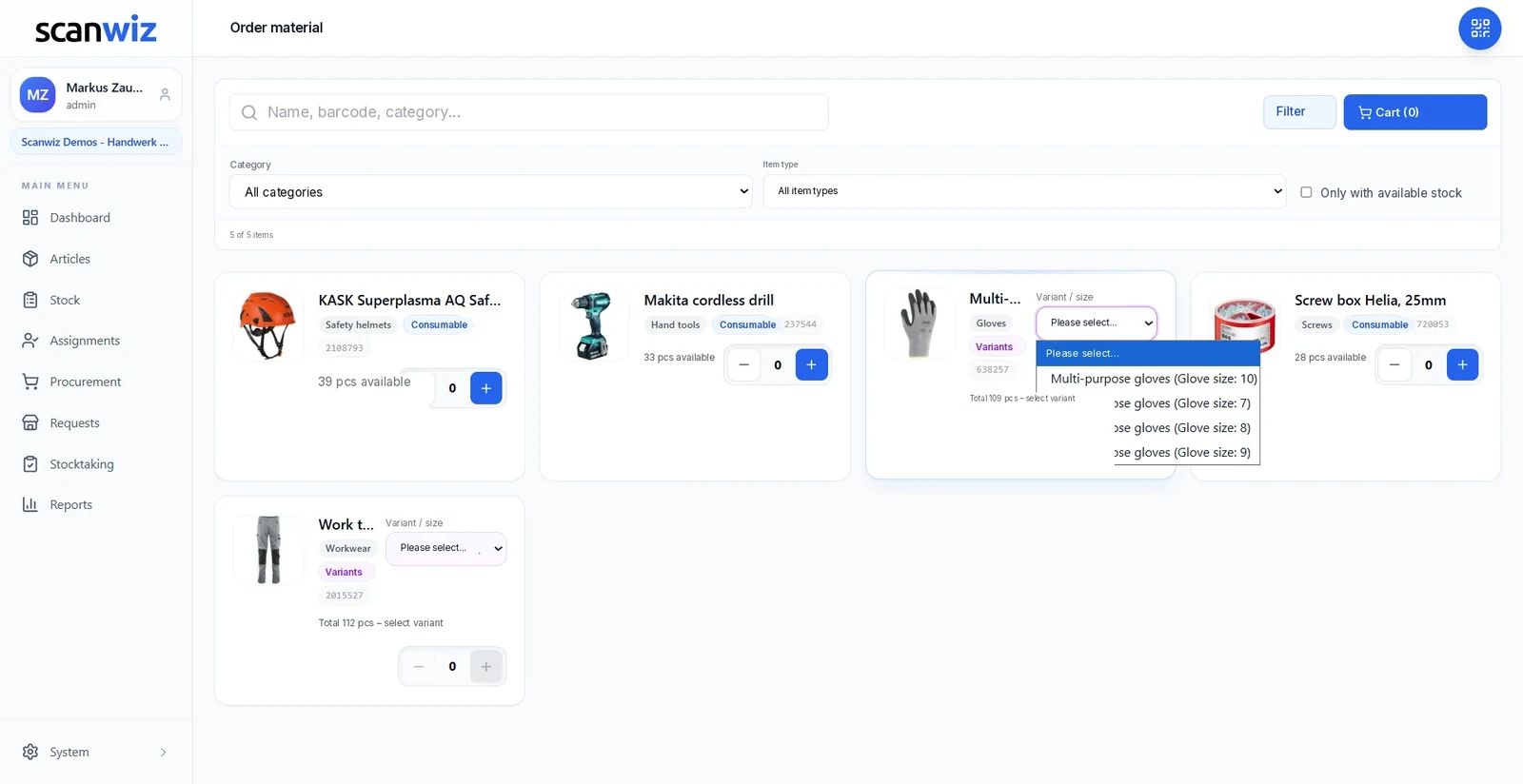 Internal ordering catalogue in Scanwiz: items with category, availability and variant picker, filters by category and item type