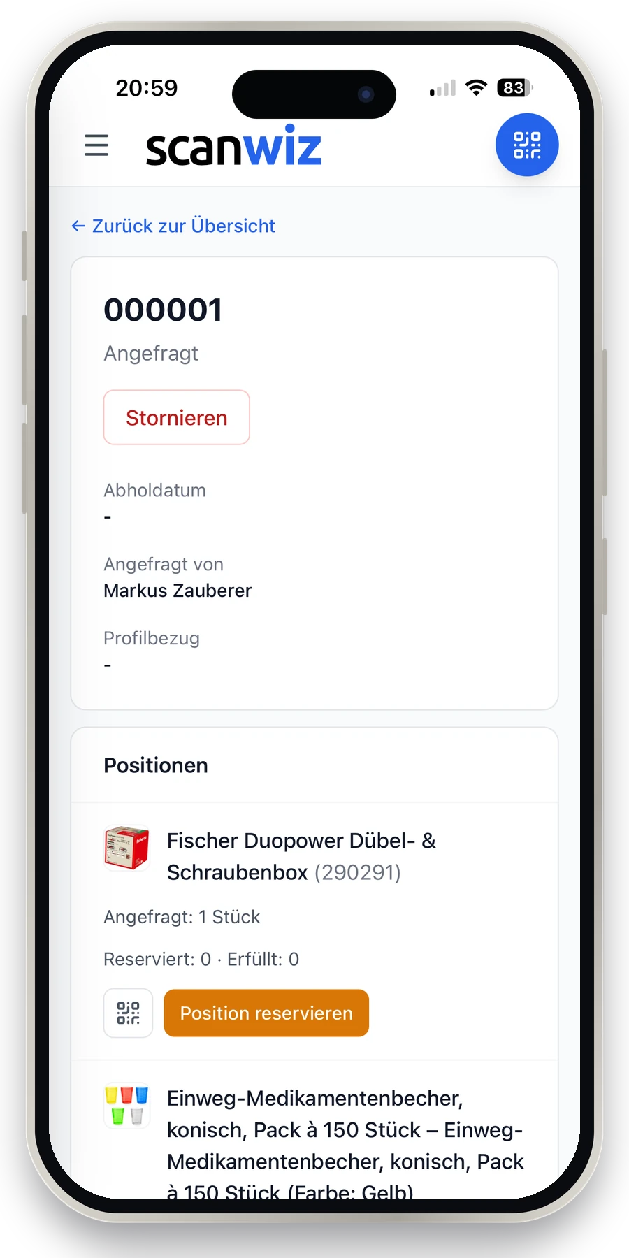 Anforderung in der Scanwiz App: Status Angefragt, Positionen mit angefragter und reservierter Menge, Position per Scan reservieren