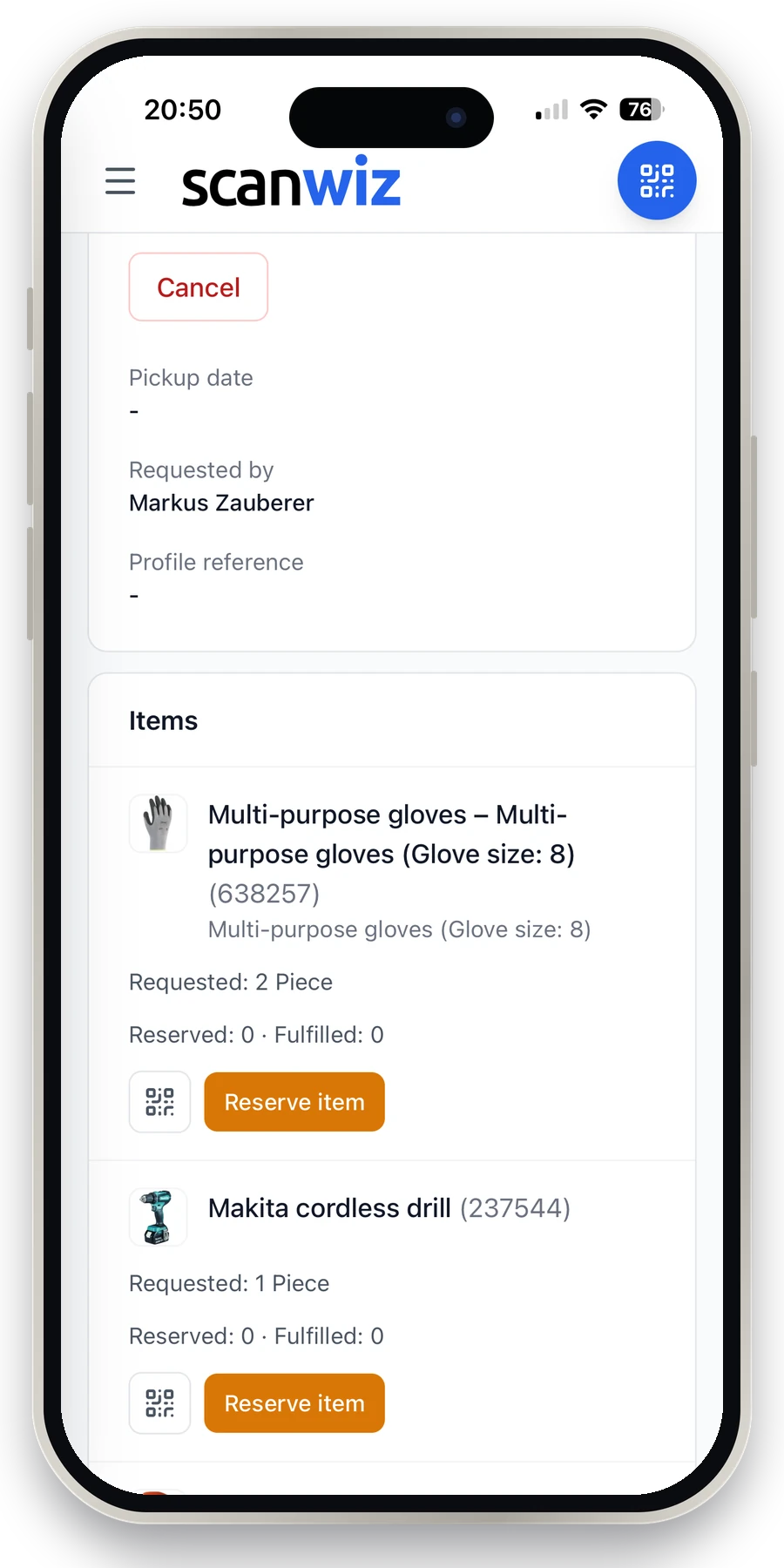 Request in the Scanwiz app: status requested, items with requested and reserved quantities, reserve an item by scan