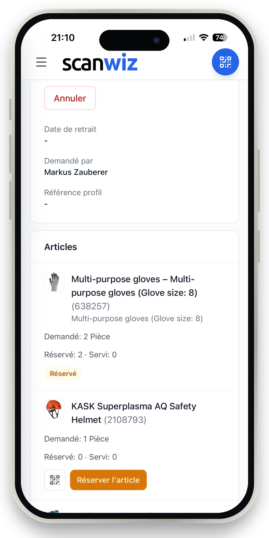 Demande dans l'application Scanwiz : statut demandé, articles avec quantités demandées et réservées, réservation d'un article par scan