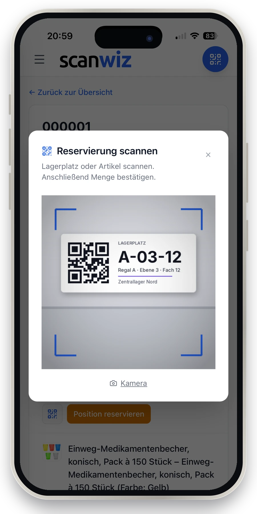 Reservierung scannen in der Scanwiz App: Lagerplatz-Etikett mit QR-Code im Kamerabild, danach Menge bestätigen