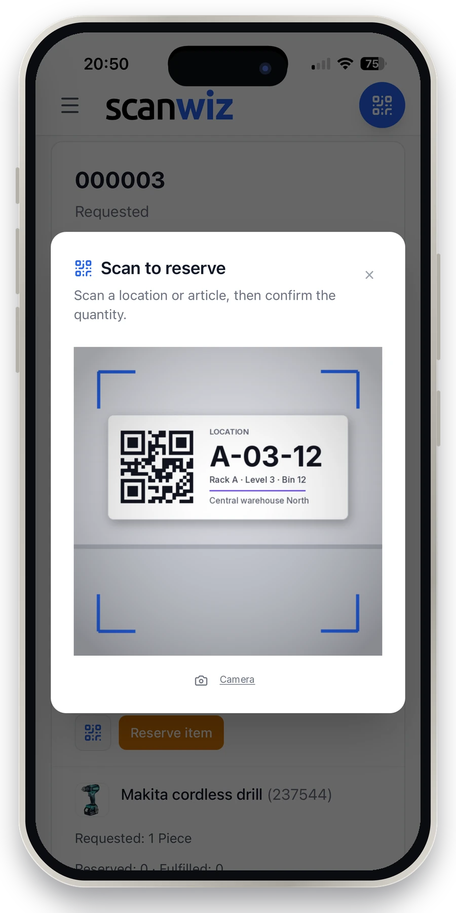 Scan to reserve in the Scanwiz app: storage location label with QR code in the camera view, then confirm the quantity