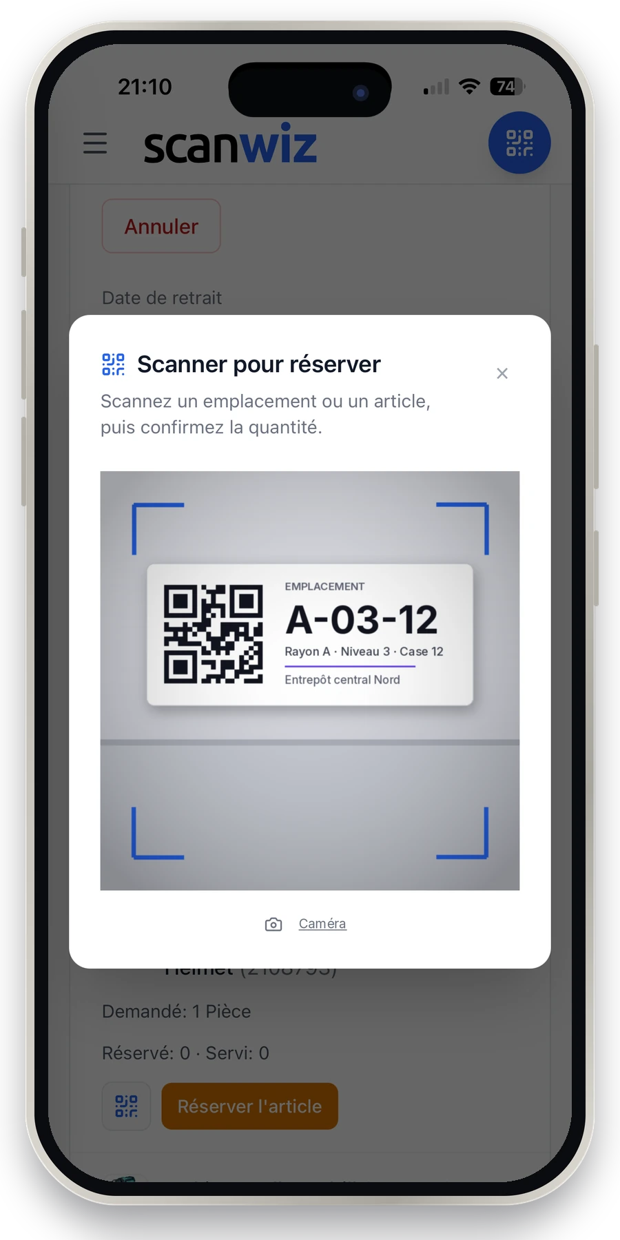 Scanner pour réserver dans l'application Scanwiz : étiquette d'emplacement avec QR code dans la vue caméra, puis confirmation de la quantité