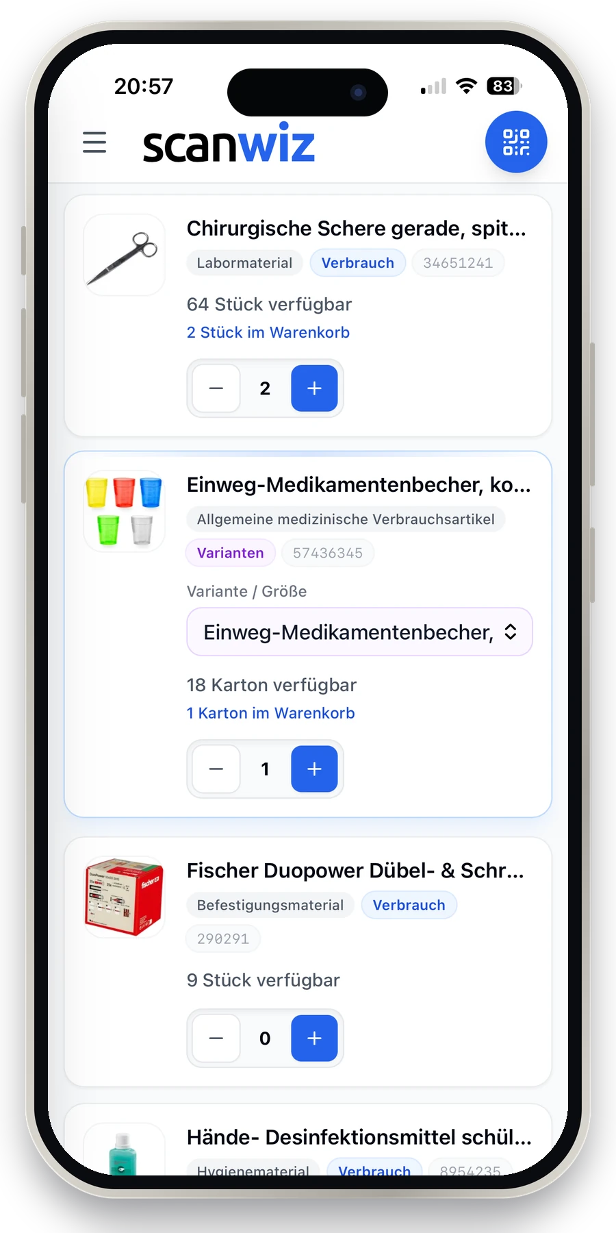 Materialanforderung in der Scanwiz App: Artikelkatalog mit Verfügbarkeit, Varianten-Auswahl und Mengenwahl direkt am Smartphone