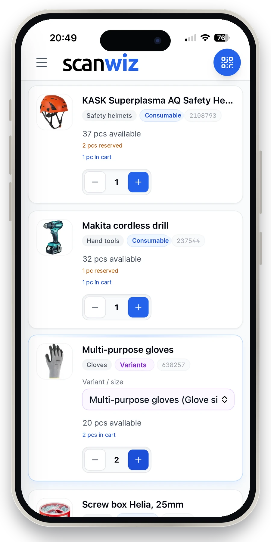Material request in the Scanwiz app: item catalogue with availability, variant picker and quantity selection on a smartphone