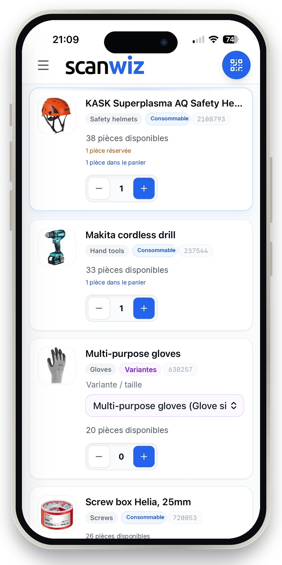 Demande de matériel dans l'application Scanwiz : catalogue d'articles avec disponibilité, choix de la variante et de la quantité sur smartphone