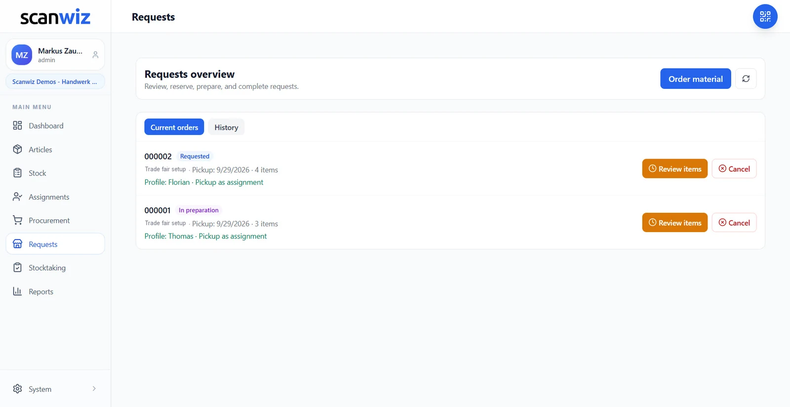Requests overview in Scanwiz for warehouse and managers: open requests with status, pickup date, review items and cancel