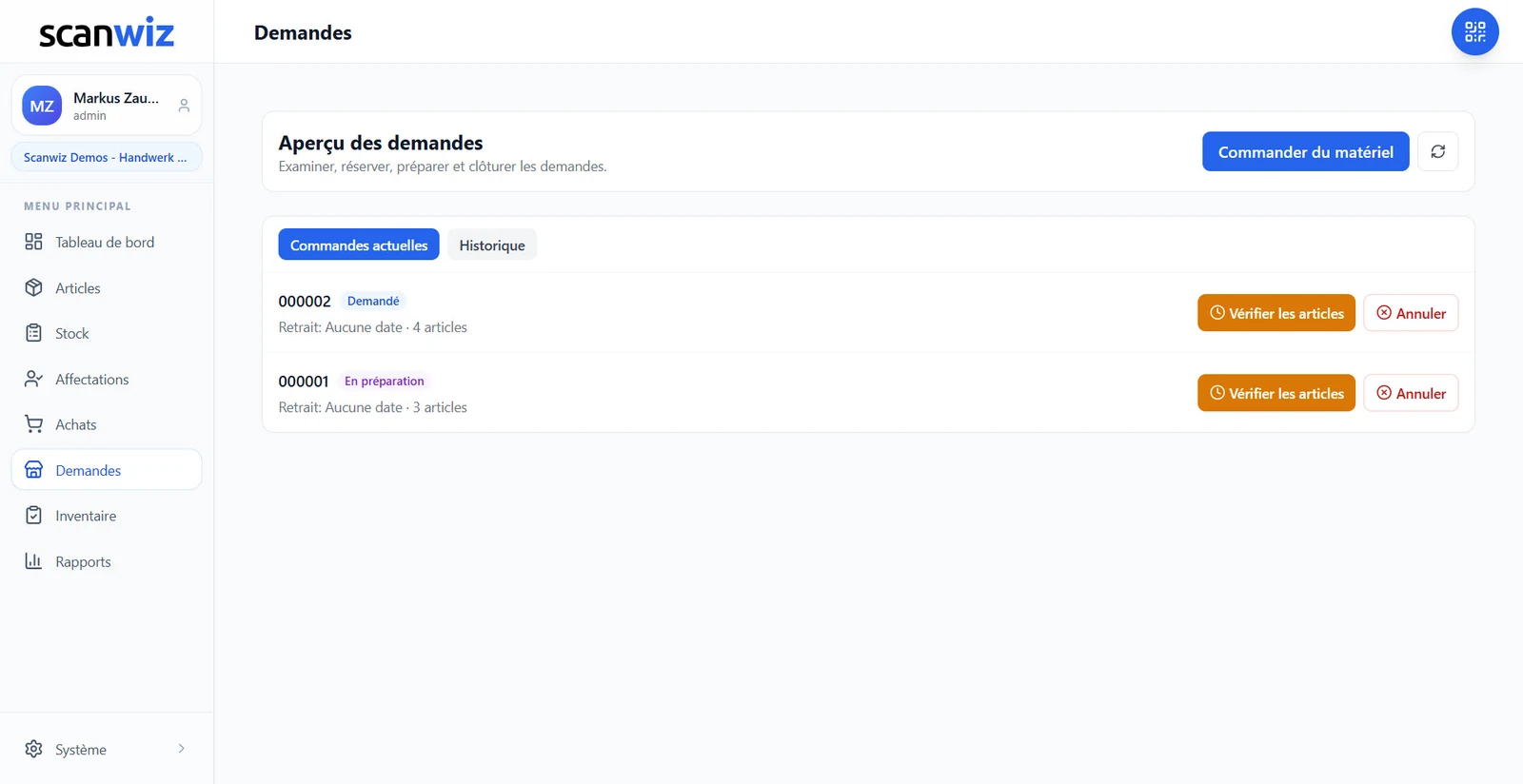 Aperçu des demandes dans Scanwiz pour l'entrepôt et la direction : demandes ouvertes avec statut, date de retrait, vérification et annulation