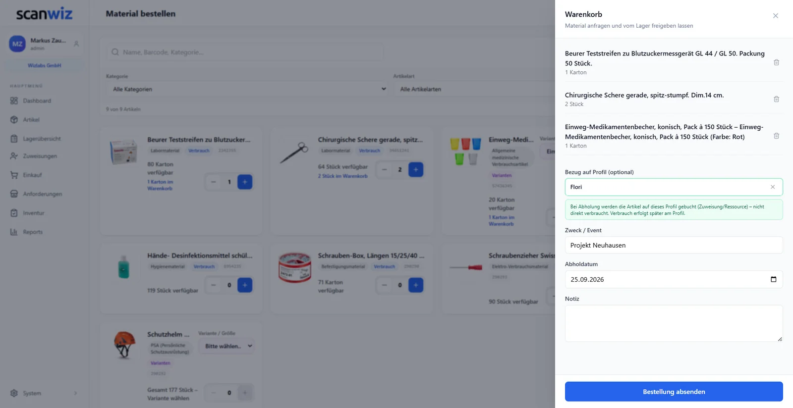 Warenkorb der Materialanforderung in Scanwiz: Positionen, Bezug auf ein Profil, Zweck oder Projekt, Abholdatum und Notiz vor dem Absenden