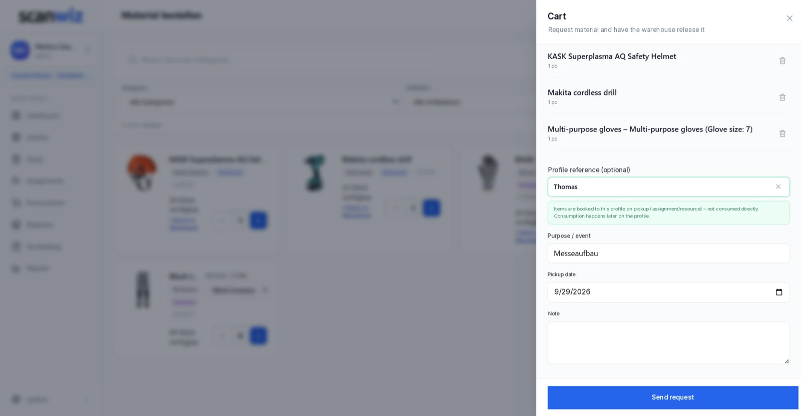 Cart of a material request in Scanwiz: items, profile reference, purpose or project, pickup date and note before sending