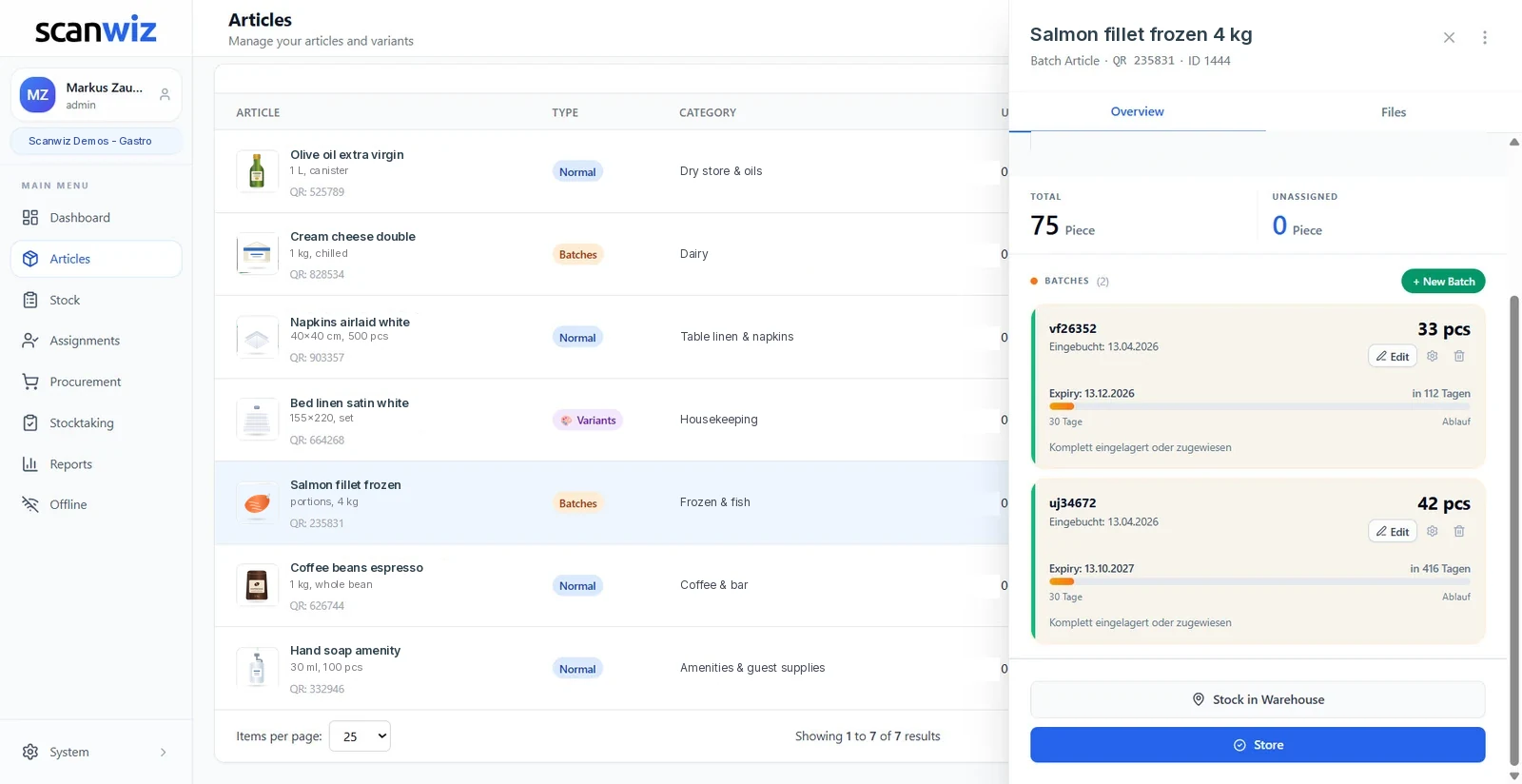 Batch list in Scanwiz: deliveries with batch number, quantity, booking date, expiry date and days remaining