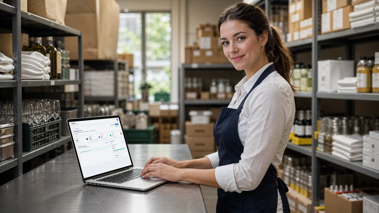Mitarbeiterin im Lager eines Hotels am Laptop mit dem Scanwiz Dashboard, im Regal Wäsche, Gläser und Vorräte