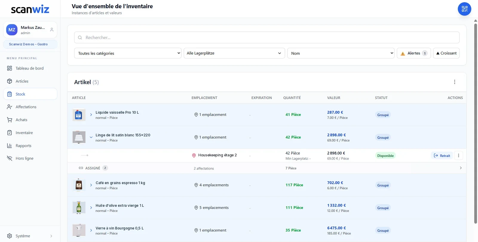 Gestion des stocks en restauration dans Scanwiz : vue du stock avec emplacement, quantité, valeur et statut, dépliée jusqu’aux emplacements