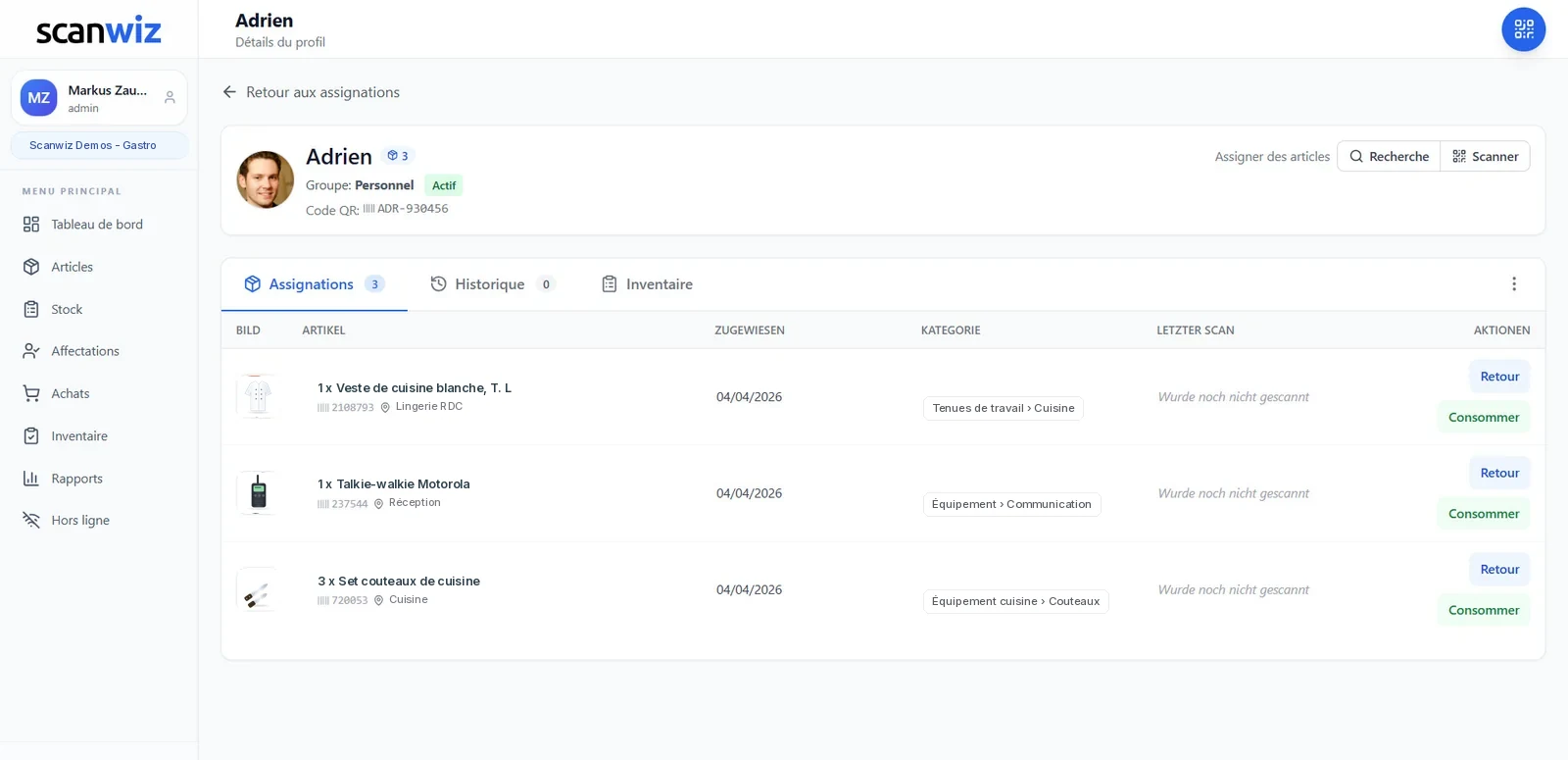 Profil d’article dans Scanwiz : stock, emplacements et historique complet des mouvements