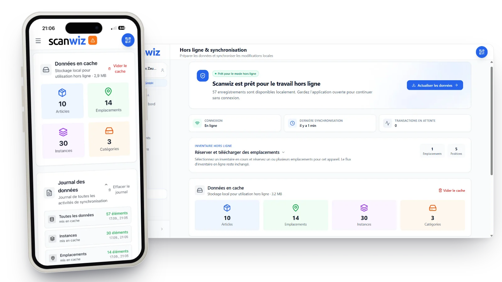 Mode hors ligne dans Scanwiz : vue desktop «&nbsp;Hors ligne & synchronisation&nbsp;» avec le statut «&nbsp;Prêt pour le mode hors ligne&nbsp;», articles, emplacements, instances et catégories en cache, ainsi que la vue hors ligne avec le journal des données sur iPhone