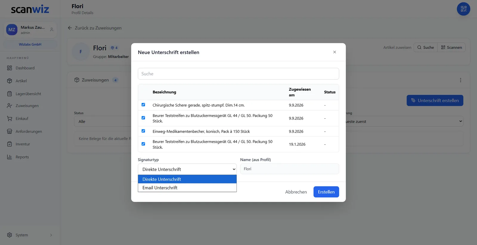 Dialog „Neue Unterschrift erstellen“ in Scanwiz: vier vorausgewählte Objekte mit Zuweisungsdatum, Auswahl des Signaturtyps zwischen direkter Unterschrift und E-Mail-Unterschrift, Name aus dem Profil