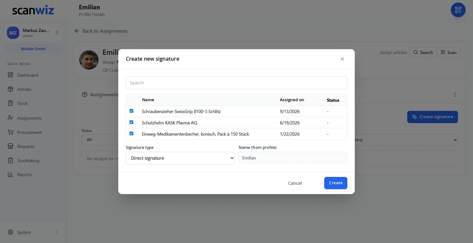“Create new signature” dialog in Scanwiz: three pre-selected items with assignment date, choice of signature type between direct signature and email signature, name taken from the profile