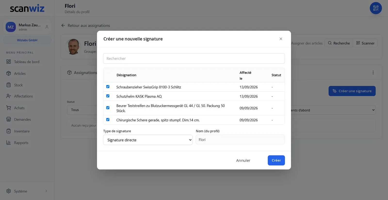 Boîte de dialogue « Créer une nouvelle signature » dans Scanwiz : quatre objets présélectionnés avec date d’affectation, choix du type de signature entre signature directe et signature par e-mail, nom repris du profil