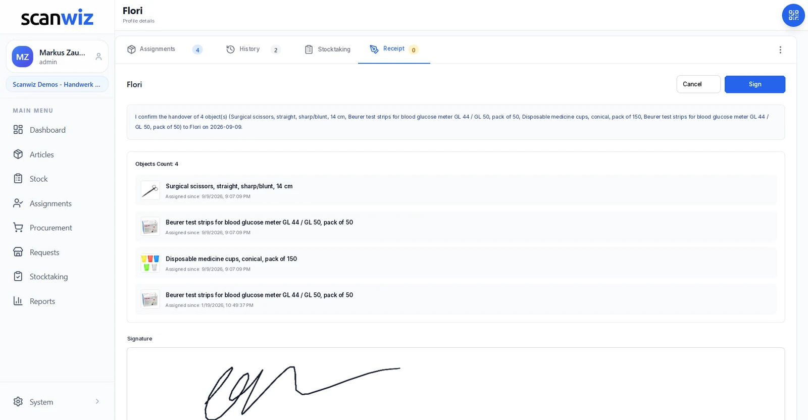 Digital handover receipt in Scanwiz: confirmation of the handover of four objects to an employee profile with a signature field