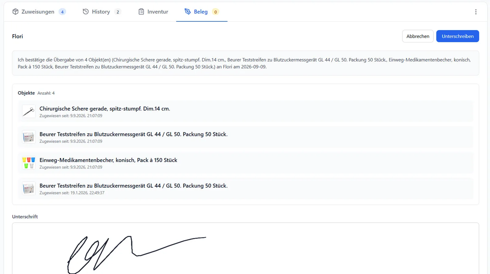 Digitale Unterschrift in Scanwiz: Bestätigungstext mit den vier übergebenen Objekten und handschriftliche Unterschrift auf dem Display im Profil von Flori