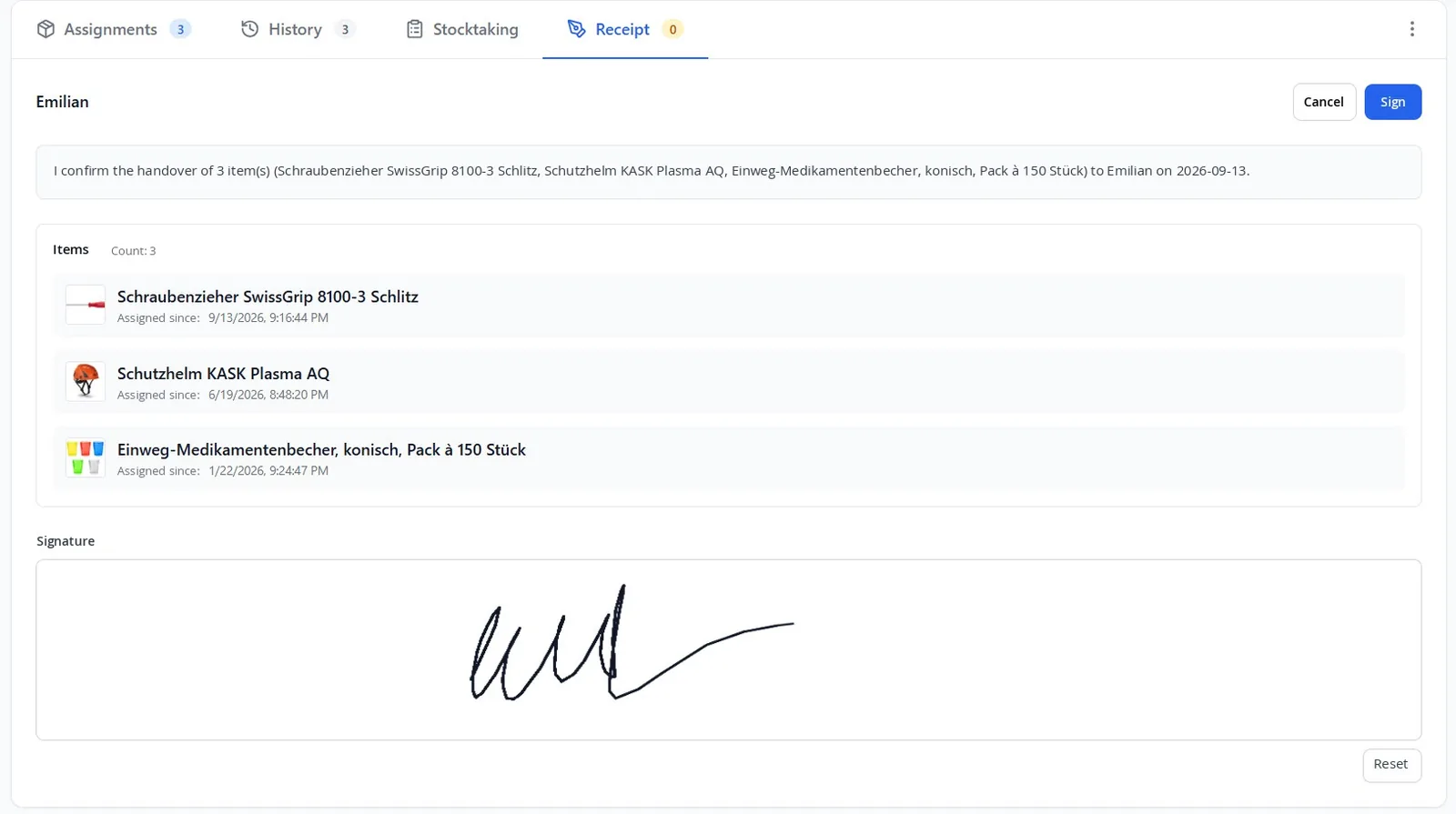 Digital signature in Scanwiz: confirmation text listing the three handed-over items and a handwritten signature on screen in Emilian’s profile