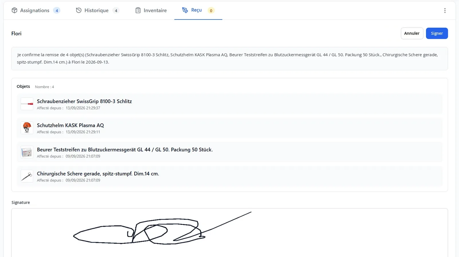 Signature numérique dans Scanwiz : texte de confirmation listant les quatre objets remis et signature manuscrite à l’écran sur le profil de Flori