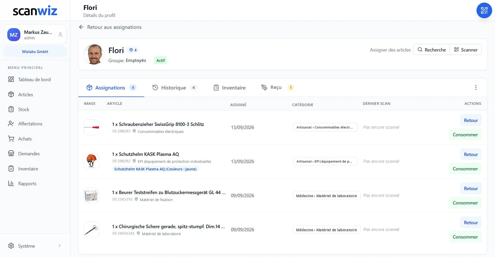 Profil d’un collaborateur dans Scanwiz avec quatre articles affectés, numéro d’inventaire, catégorie et date, et l’onglet « Reçu » à côté des assignations, de l’historique et de l’inventaire