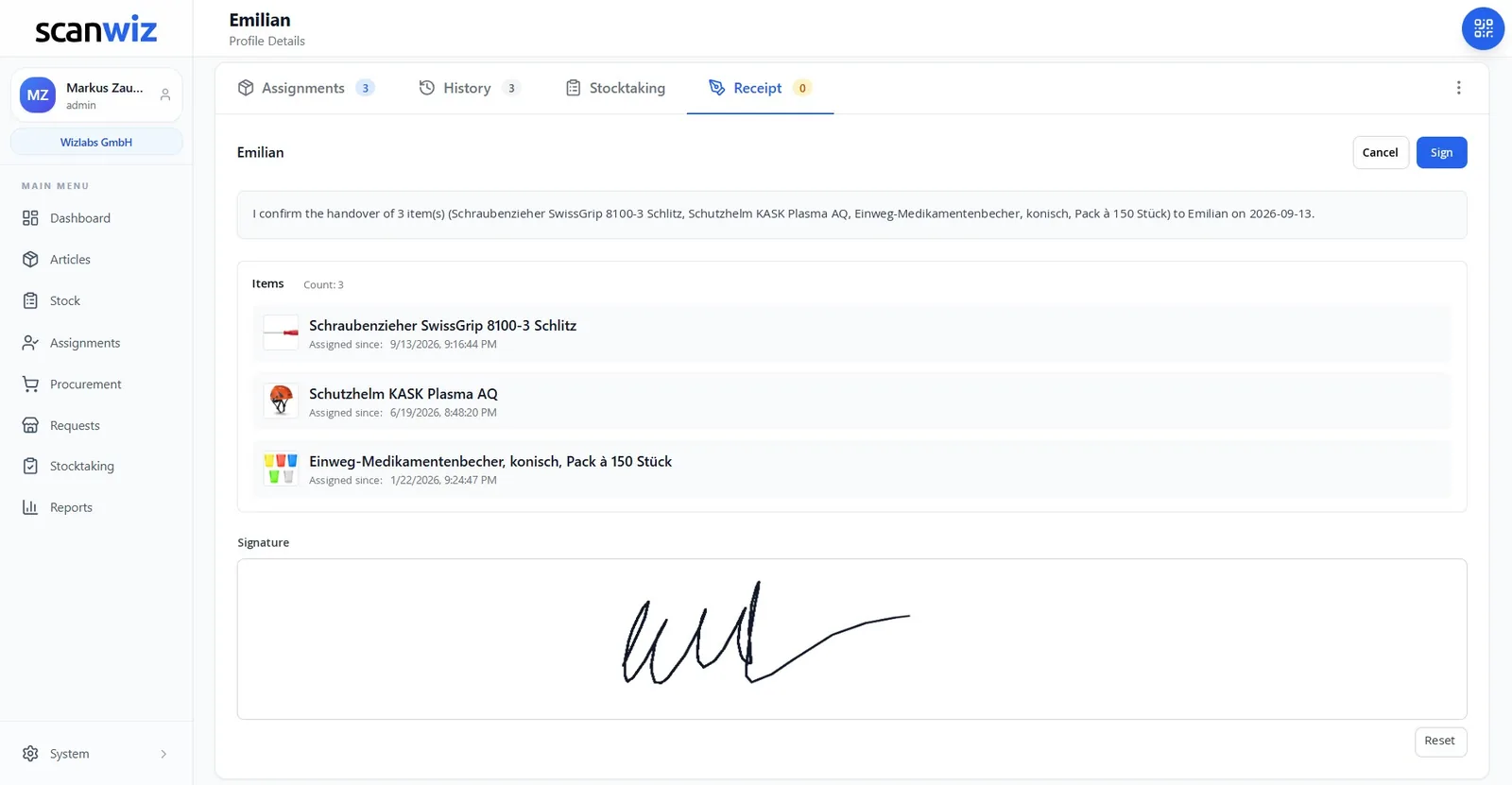 Signing in Scanwiz: confirmation text “I confirm the handover of 3 item(s) to Emilian”, list of the items with assignment time and signature field with a handwritten signature